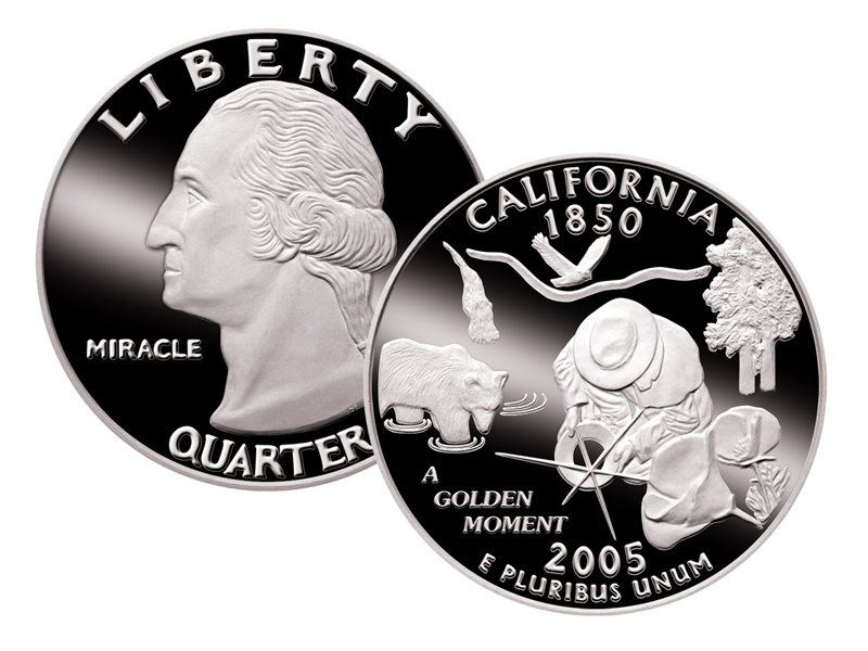 Reverse and obverse of California Quarter/Miracle Quarter of people's design "A Golden Moment". Stylized reflective surface over sculpts.