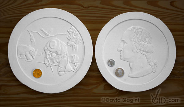 Finished plaster casts used for obverse of "A Golden Moment" California Quarter coined "Miracle Quarter". Three quarters shown as well. Circulated Silver US Quarter. Silver Proof Miracle Quarter. 22 Karat Gold Plated Silver Proof Miracle Quarter.